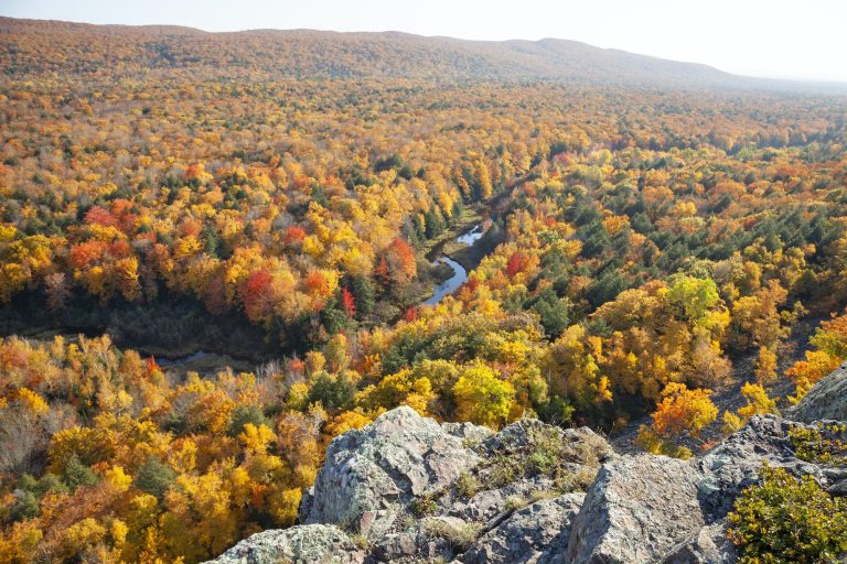 Hills and valley in Michigan with trees in brilliant fall color above a small river