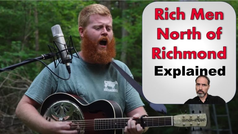 Image of Man singing. Rich men north of Richmond Explained written in Text.